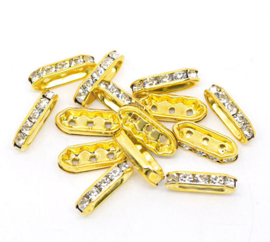 Picture of Copper & Rhinestone Spacer Beads Rectangle Gold Plated White Rhinestone Rhinestone About 18mm x 7mm, Hole: Approx 1.2mm, 30 PCs