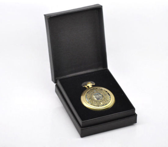 Picture of Paper & Velvet Jewelry Pocket Watch Gift Boxes Rectangle Black 9.5cm x 7.5cm(3 6/8"x3"), 2 PCs