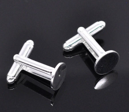 Picture of Copper Cuff Links Round Silver Plated Cabcochon Settings (Fits 10mm Dia) 25mm(1") x 10mm( 3/8"), 10 PCs