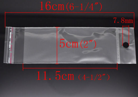 Image de Sachet Pochette Autocollant en Plastique Rectangle Transparent avec Trou d'Accroche (Espace Utilisable: 11.5x5cm) 16cm x 5cm, 200 PCs