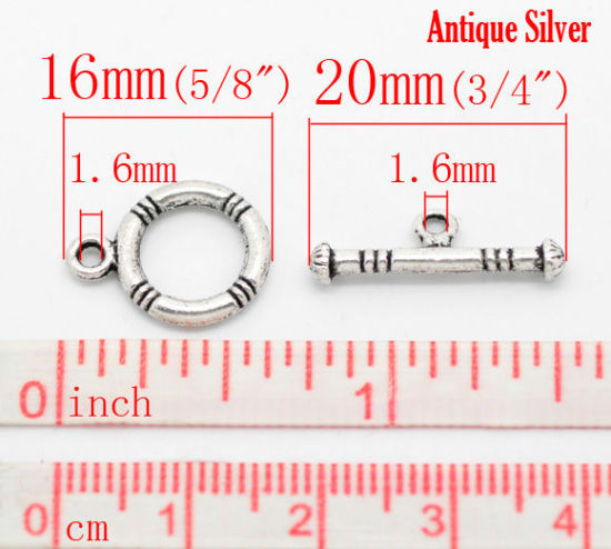 Bild von Zinklegierung Knebelverschluss Rund Antiksilber gestreift 16mm x 12mm 20mm x 7mm 40 Sets