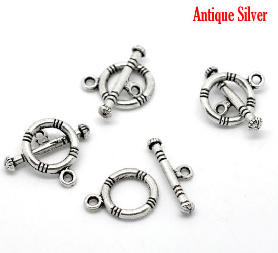 Bild von Zinklegierung Knebelverschluss Rund Antiksilber gestreift 16mm x 12mm 20mm x 7mm 40 Sets