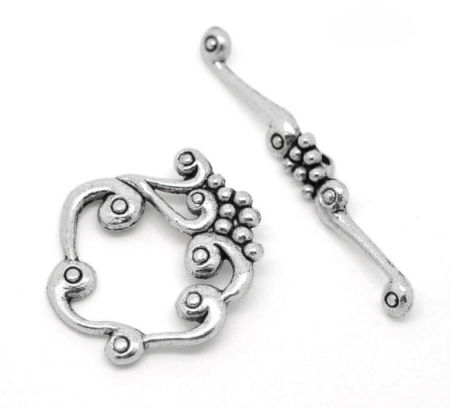 Picture of Zinc Based Alloy Toggle Clasps Grape Vine Antique Silver Color 41mm x 5mm 26mm x 24mm, 10 Sets