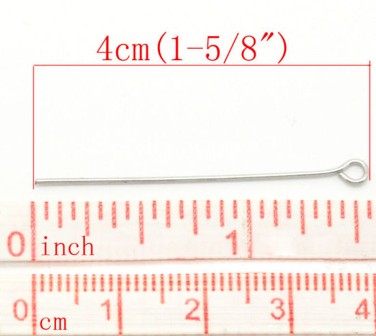 Picture of 304 Stainless Steel Eye Pins Silver Tone 4cm(1 5/8") long, 0.7mm (21 gauge), 200 PCs