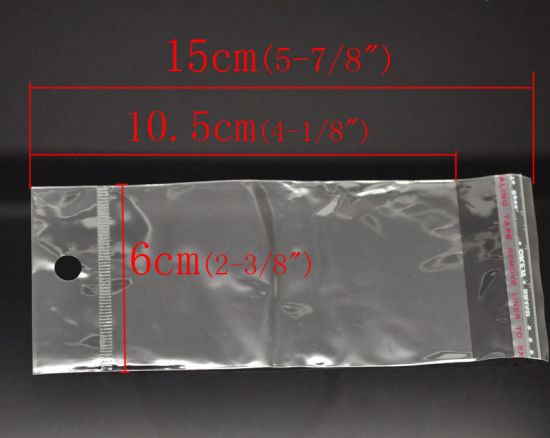 Picture of Plastic Self-Seal Bags Rectangle Transparent W/ Hang Hole (Usable Space: 10.5x6cm) 15cm x6cm(5 7/8" x2 3/8"), 200 PCs