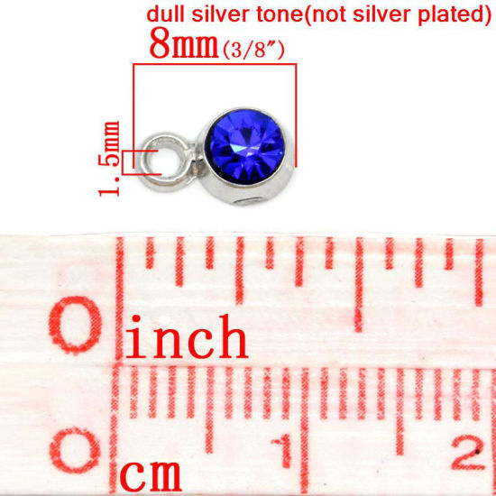 Immagine di Lega + Strass Settembre Pietra Fortunato e Nato Charm Ciondoli Tondo Tono Argento Con Strass 8mm x 5mm , 50 Pz