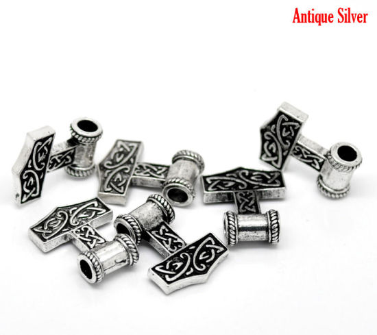 Picture of Zinc Based Alloy European Style Large Hole Charm Beads Antique Silver Color The Hammer Of The Norse God Thor 27mm x 21mm, Hole: Approx 4.8mm, 10 PCs