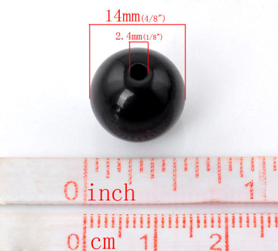 Bild von Acryl Undurchsichtig Perlen Ball Schwarz Poliert ca 14mm D Loch:ca 2.4mm 50 Stück