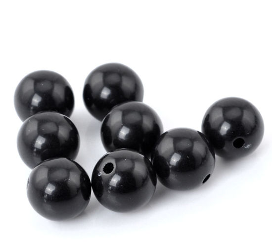 Bild von Acryl Undurchsichtig Perlen Ball Schwarz Poliert ca 14mm D Loch:ca 2.4mm 50 Stück