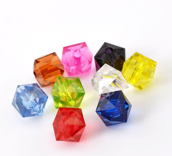Picture of Transparent Acrylic Bubblegum Beads Cube At Random Mixed Faceted About 10mm x 10mm, Hole: Approx 2mm, 200 PCs