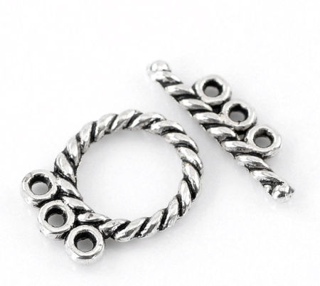 Picture of Zinc Based Alloy Toggle Clasps Round Antique Silver Color Stripe Carved 16mm x 12mm 18mm x 5mm, 30 Sets