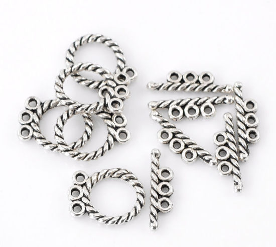 Bild von Zinklegierung Knebelverschluss Rund Antiksilber gestreift 16mm x 12mm 18mm x 5mm 30 Sets