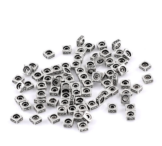 Picture of Zinc Based Alloy Spacer Beads Rectangle Antique Silver Color Carved Pattern Color Plated About 5mm x 5mm, Hole: Approx 2mm, 200 PCs