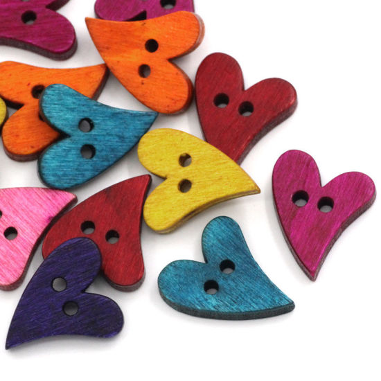 Picture of Wood Sewing Buttons Scrapbooking 2 Holes Heart At Random Mixed 21mm(7/8") x 17mm( 5/8"), 100 PCs
