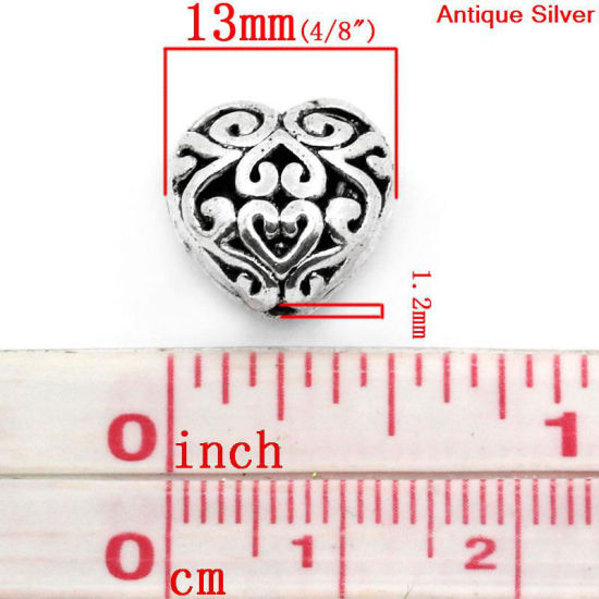 Bild von Zinklegierung Perlen Herz Antiksilber Geschnitzte Muster Farbe Plattiert ca. 13mm x 13mm, Loch:ca. 1.2mm, 20 Stück