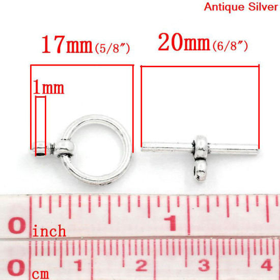 Bild von Zinklegierung Knebelverschluss Rund Antiksilber 17mm x 12mm 20mm x 8mm 50 Sets