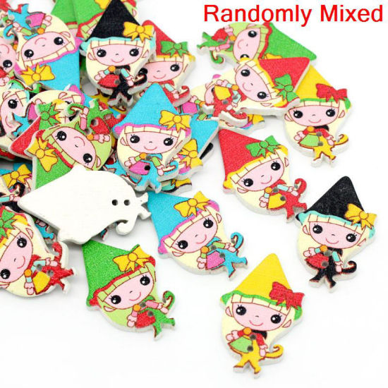 Picture of Wood Sewing Buttons Scrapbooking 2 Holes Fairy At Random Mixed 32mm(1 2/8") x 20mm( 6/8"), 50 PCs