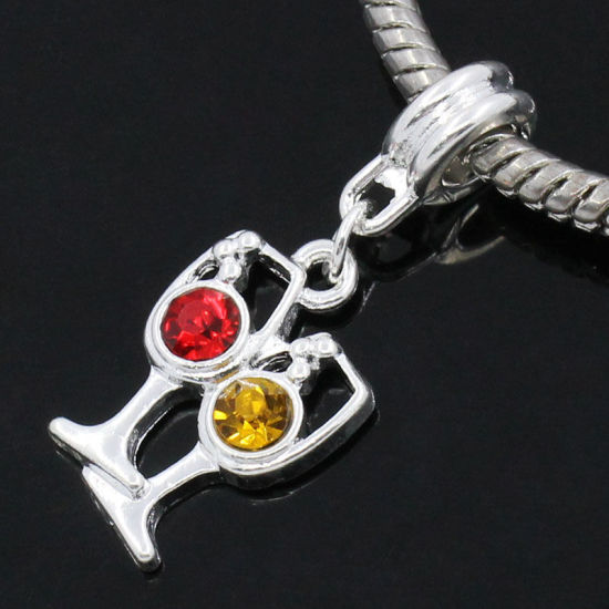 Picture of European Style Large Hole Charm Dangle Beads Wine Glass/ Goblet Tableware Silver Plated Red & Yellow Rhinestone 31mm x 12mm, 10 PCs