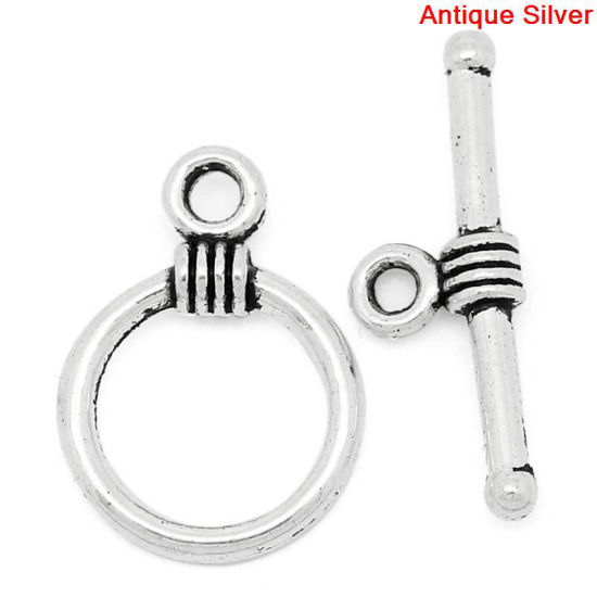 Picture of Zinc Based Alloy Toggle Clasps Round Antique Silver Color 11mm x 16mm 19mm x 6mm, 100 Sets