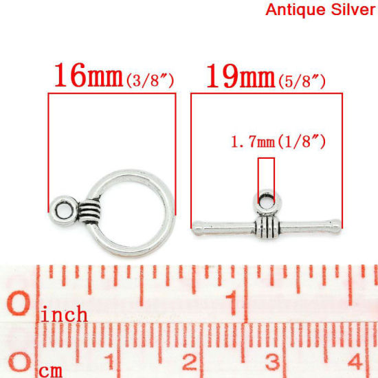 Bild von Zinklegierung Knebelverschluss Rund Antik Silber 11mm x 16mm 19mm x 6mm, 100 Sets