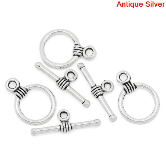 Bild von Zinklegierung Knebelverschluss Rund Antik Silber 11mm x 16mm 19mm x 6mm, 100 Sets