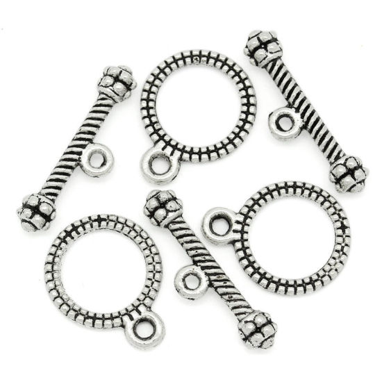 Bild von Zinklegierung Knebelverschluss Rund Antik Silber, mit Streifen Muster, 13mm x 10mm 17mm x 5mm, 100 Sets