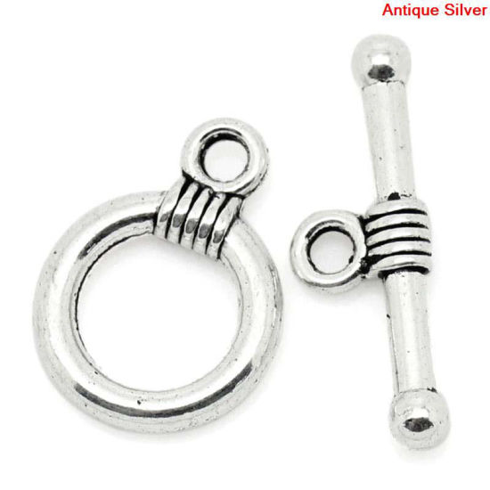 Picture of Zinc Based Alloy Toggle Clasps Round Antique Silver Color 15mm x 11mm 20mm x 6mm, 50 Sets
