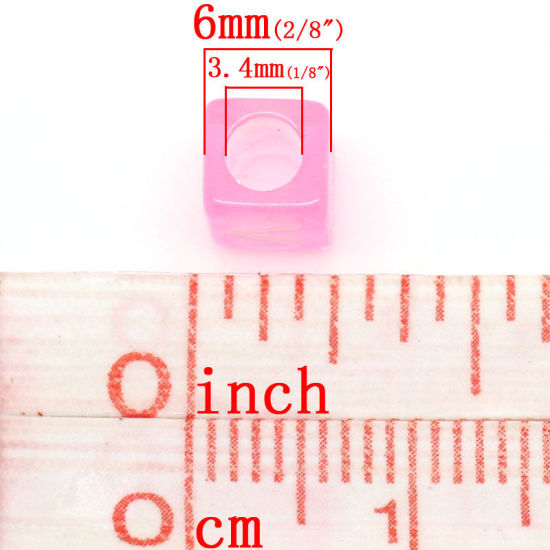 Picture of Acrylic Spacer Beads Cube Pink At Random Mixed Alphabet/ Letter Pattern About 6mm x 6mm, Hole: Approx 3.4mm, 1000 PCs