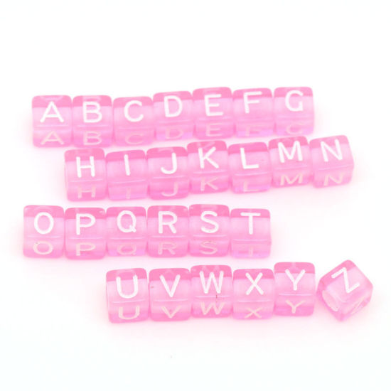 Picture of Acrylic Spacer Beads Cube Pink At Random Mixed Alphabet/ Letter Pattern About 6mm x 6mm, Hole: Approx 3.4mm, 1000 PCs