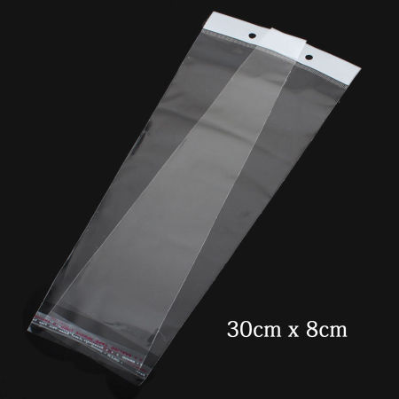 Image de 100 Pcs Sachets Autocollantes Auto-Scellants en Plastique Rectangle Transparent Avec Trou (Espace Utilisable: 25.5x8cm) 30cm x 8cm