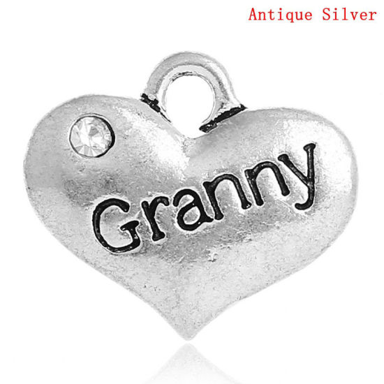 Immagine di Lega di Zinco Gioielli di Famiglia Charms Cuore Argento Antico Lettere " Granny " Trasparente Strass 16mm x 14mm , 20 Pz