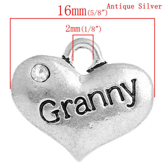 Immagine di Lega di Zinco Gioielli di Famiglia Charms Cuore Argento Antico Lettere " Granny " Trasparente Strass 16mm x 14mm , 20 Pz