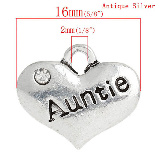 Picture of Zinc Based Alloy Family Jewelry Charms Antique Silver Color Heart Message " Auntie " Clear Rhinestone 16mm x 14mm, 20 PCs