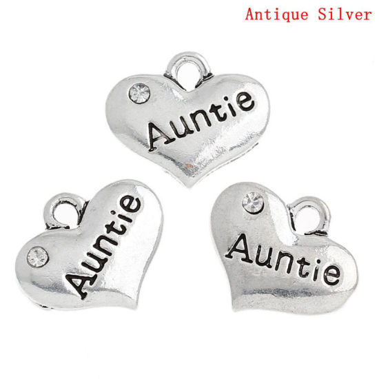 Picture of Zinc Based Alloy Family Jewelry Charms Antique Silver Color Heart Message " Auntie " Clear Rhinestone 16mm x 14mm, 20 PCs