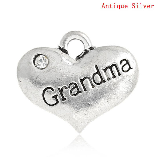 Picture of Zinc Based Alloy Family Jewelry Charms Antique Silver Color Heart Message " Grandma " Clear Rhinestone 16mm x 14mm, 20 PCs