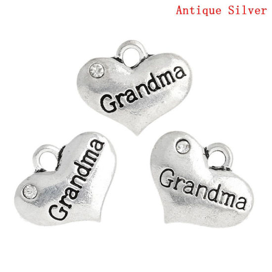 Image de Breloques Bijoux de Famille en Alliage de Zinc Cœur Argent Vieilli Message" Grandma " à Strass Transparent 16mm x 14mm, 20 Pcs