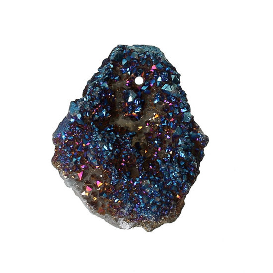 Picture of (Grade B) Agate (Electroplate) Druzy /Drusy Pendants Irregular Dark Blue Plated 3.8cm x2cm(1 4/8" x 6/8") - 2cm x2cm( 6/8" x 6/8"), 2 PCs