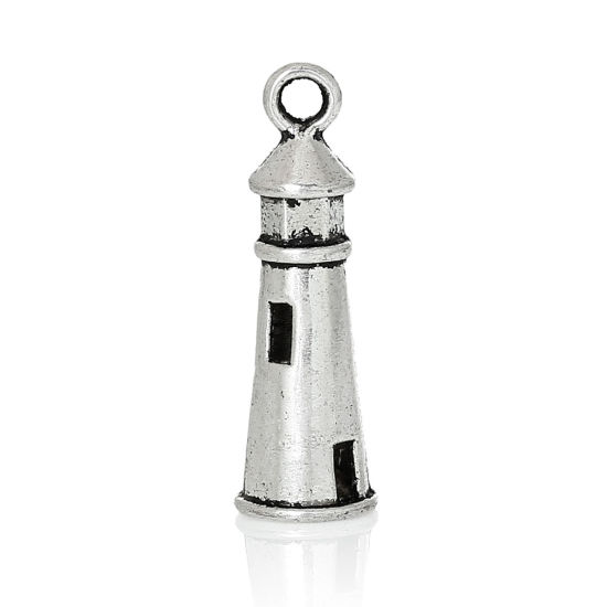 Picture of Zinc Metal Alloy Charm Pendants Lighthouse Antique Silver Color 25mm(1") x 8mm( 3/8"), 100 PCs