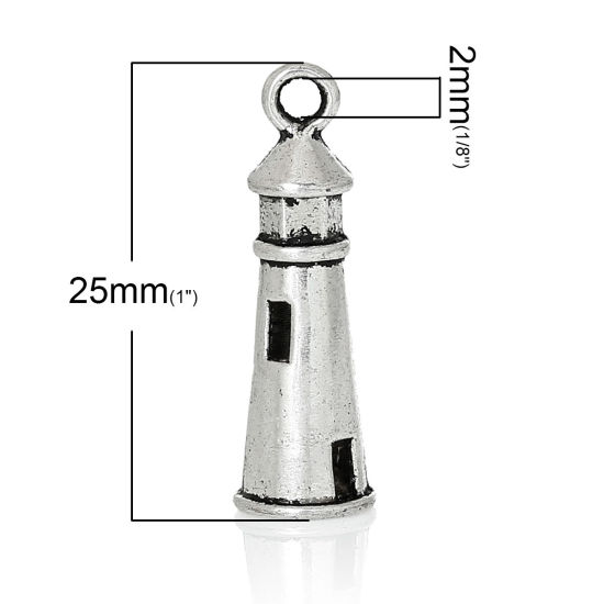 Picture of Zinc Metal Alloy Charm Pendants Lighthouse Antique Silver Color 25mm(1") x 8mm( 3/8"), 100 PCs