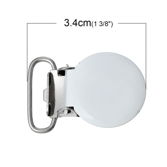 Picture of Iron Based Alloy Baby Pacifier Clip Round Silver Tone White 34mm(1 3/8") x 23mm( 7/8"), 10 PCs