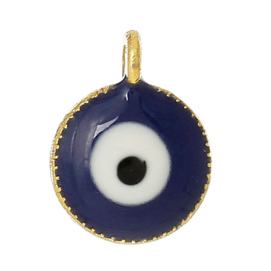 Picture of Zinc Metal Alloy Charm Pendants Round Gold Plated Evil Eye Carved Blue & White Enamel 10mm( 3/8") x 7mm( 2/8"), 10 PCs