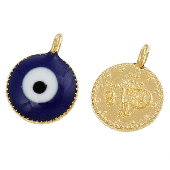 Picture of Zinc Metal Alloy Charm Pendants Round Gold Plated Evil Eye Carved Blue & White Enamel 10mm( 3/8") x 7mm( 2/8"), 10 PCs
