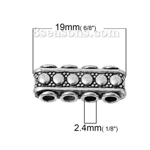 Picture of Zinc Based Alloy Spacer Beads 4 Holes Rectangle Antique Silver Color Dot About 19mm x 7mm, Hole: Approx 2.4mm, 50 PCs