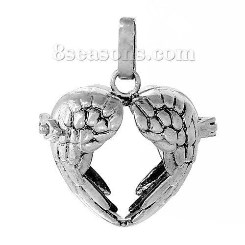 Picture of Copper Mexican Angel Caller Bola Harmony Ball Wish Box Pendants Heart Antique Silver Color Wing Carved Hollow Can Open (Fit Bead Size: 16mm) 36mm(1 3/8") x 28mm(1 1/8"), 1 Piece
