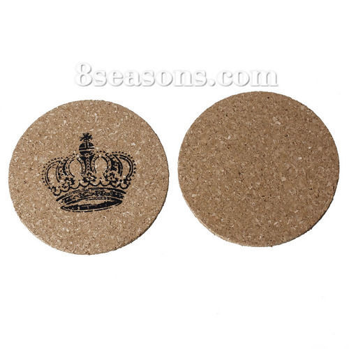 Picture of Natural Wood Table Coasters Cup Mat Bowl Pad Round Crown Pattern 10cm(3 7/8") Dia, 5 PCs
