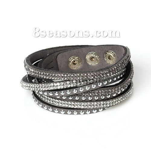 Picture of Fashion Jewelry Faux Suede Velvet Slake Bracelets Silver Tone Gray Clear Rhinestone 39cm(15 3/8") long, 1 Piece