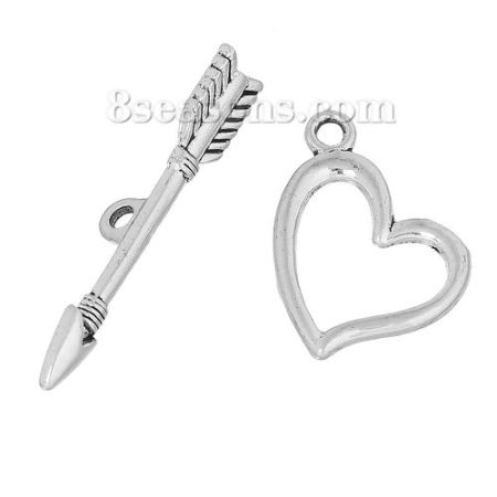 Bild von Zinklegierung Knebelverschluss Amors Pfeil Antik Silber 36mm x 7mm 21mm x 20mm, 50 Sets