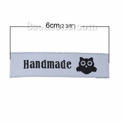 Picture of Terylene Woven Printed Labels DIY Scrapbooking Craft Rectangle Grayish White Owl Pattern " Handmade " 60mm(2 3/8") x 15mm( 5/8"), 50 PCs