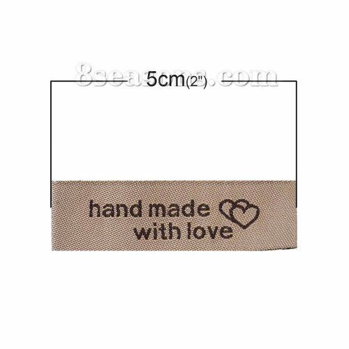 Picture of Terylene Woven Printed Labels DIY Scrapbooking Craft Rectangle Light Coffee Heart Pattern " hand made with love " 50mm(2") x 15mm( 5/8"), 50 PCs