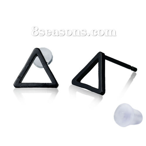 Picture of Ear Post Stud Earrings Geometric Triangle Hollow Black Painting W/ Stoppers 9mm( 3/8") x 8mm( 3/8"), Post/ Wire Size: (20 gauge), 1 Pair